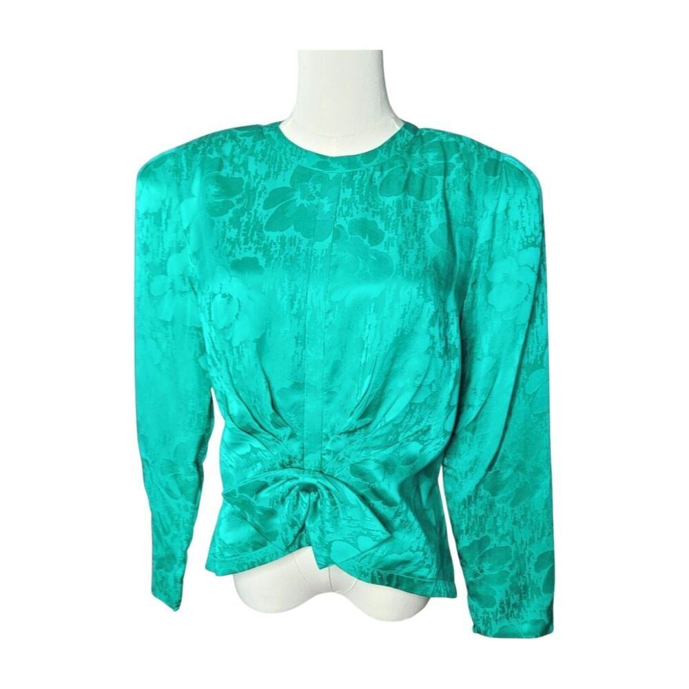 Oleg Cassini Blouse Bow Silk Green Blouse Medium Vintage Back Zip Cinched Waist